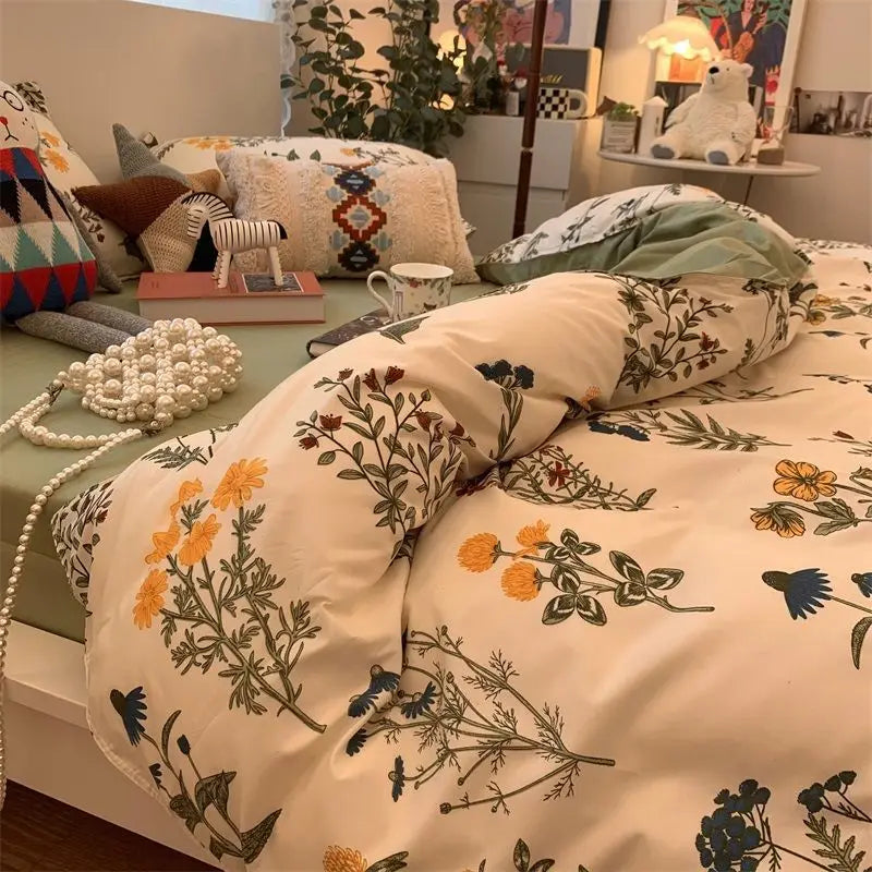 Korean Style Bedding Set Twin Queen Size Cute Cream Cherry Duvet Cover Flat Sheet Pillowcase Polyester Princess Girl Bed Linen
