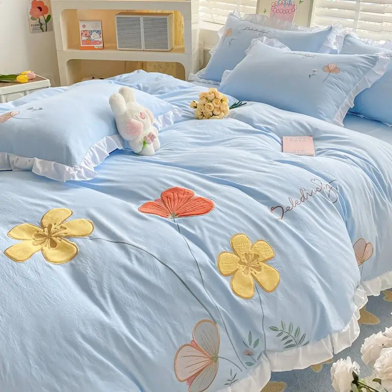Ins Korean Style Bedding Set with Ruffles Princess Duvet Cover No Filling Flat Sheet Pillowcases Kit Girls Blue Pink Solid Color
