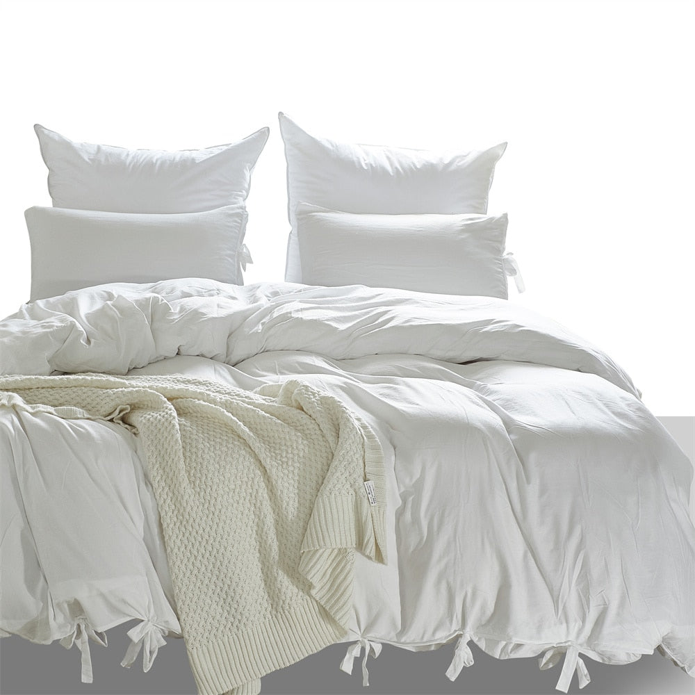 Unique Lace Up Design Thickened Washed Cotton Queen Bed King Size Bedding Sets Duvet Cover with Pillowcases No Sheets