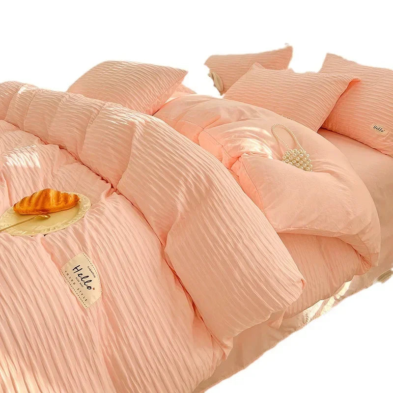 washed cotton four piece set of solid color double panel quilt cover, fitted sheet, student dormitory four piece set