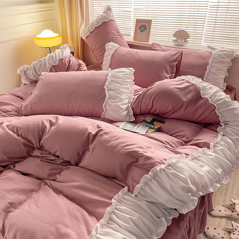 Ins Princess Wind Quilt Cover Four-piece Set Girly Heart Solid Color Bed Sheet Dormitory Bed Three-piece Set Linen Sheets Sets