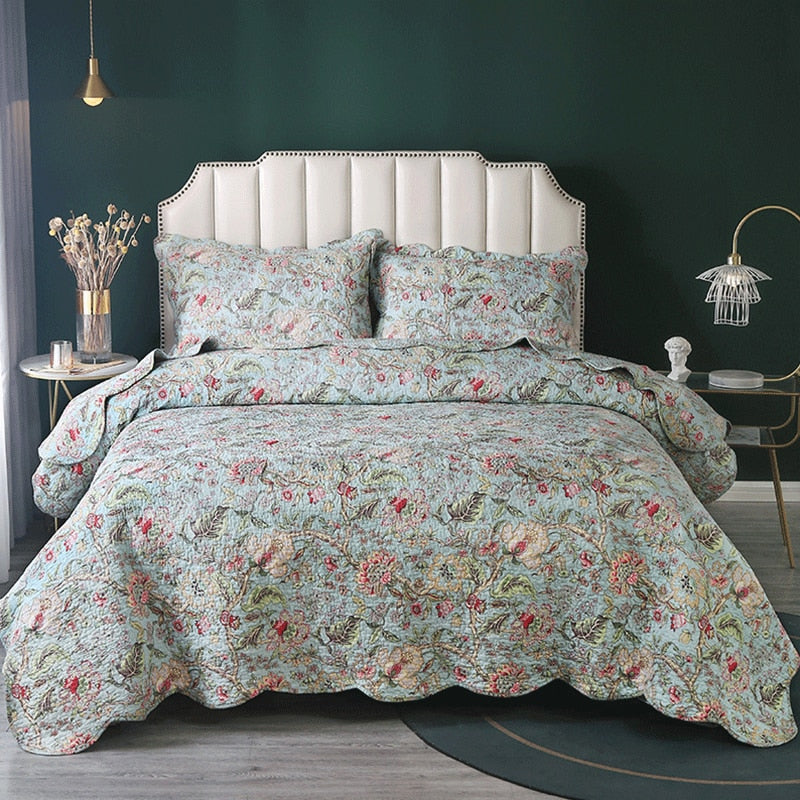 Double Bed 100% Cotton Plants And Flowers 3pcs Printed Quilted Quilt Pillowcase Free Shipping