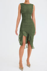 Green Sleeveless Backless Ruffle Midi Dress