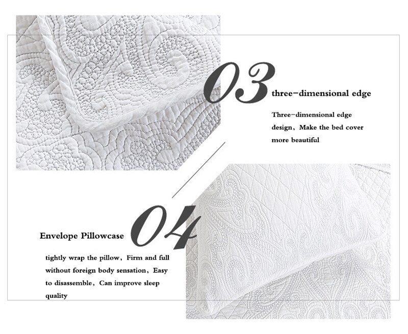 Double Cover Embroidered Pure White 3 Piece Quilted Quilt Pillowcase Free Shipping len?ol de cama casal