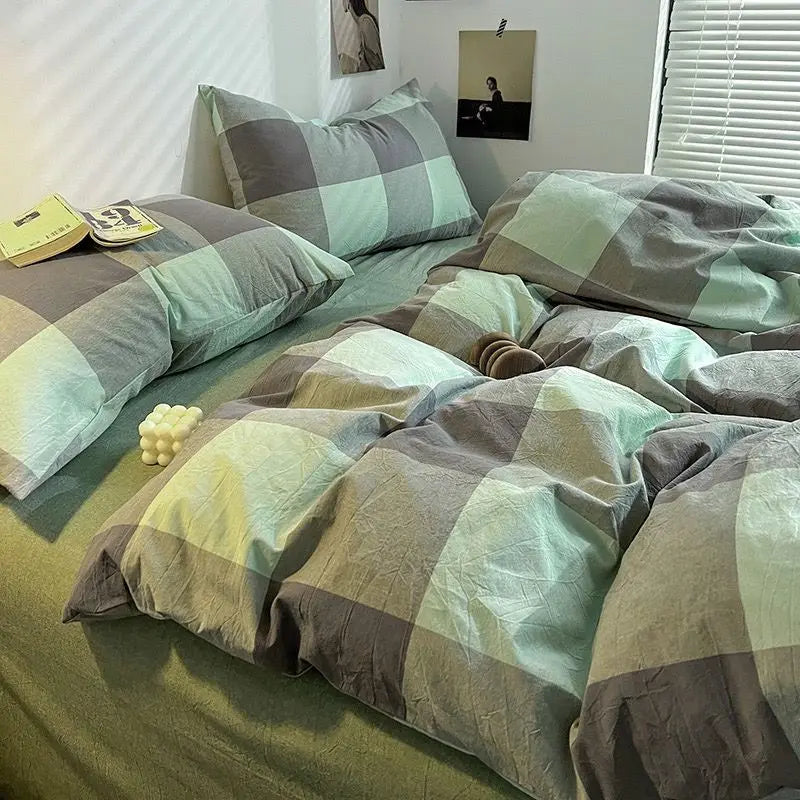Nordic Pink Checkerboard Duvet Cover Sets With Pillowcases Flat Sheet Kids Girls Boys Full Queen Twin Size Kawaii Bedding Kit