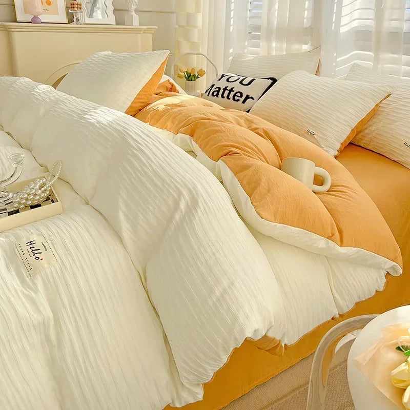 washed cotton four piece set of solid color double panel quilt cover, fitted sheet, student dormitory four piece set