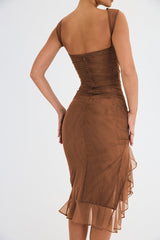Brown Sleeveless Backless Ruffle Midi Dress