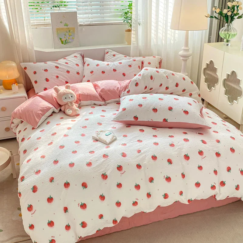 Ins Pink Strawberry Cute Bedding Set Cartoon Fruit Duvet Cover Soft Queen Full Size Flat Bed Sheet Girls Quilt Cover Pillowcase