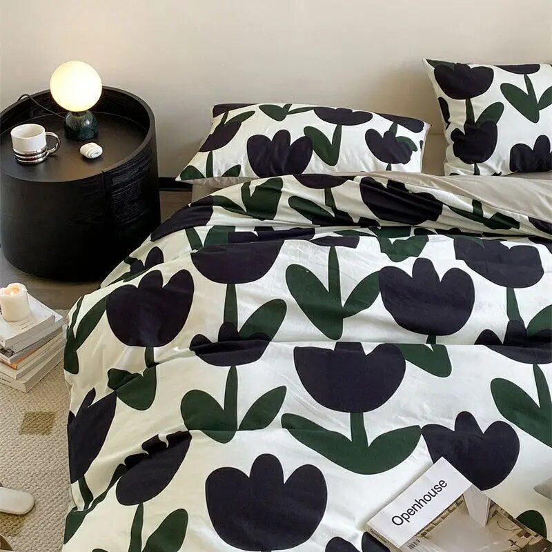 Kawaii Cherry Duvet Cover Set Pillowcase Flat Sheet Floral Boys Girls Twin Full Size Soft Bedding Kit Korean Ins Style Home Use