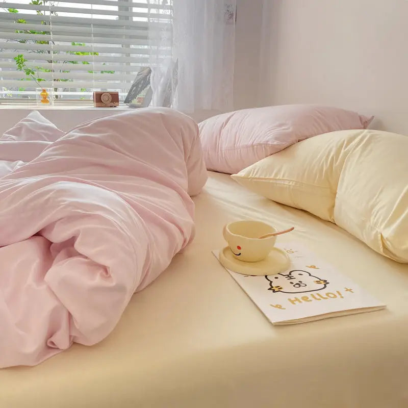 Korean Solid Color Bedding Set Adults Kids Twin Full Queen Size Soft Bed Flat Sheet Duvet Cover Set Pillowcases Simple Bed Linen