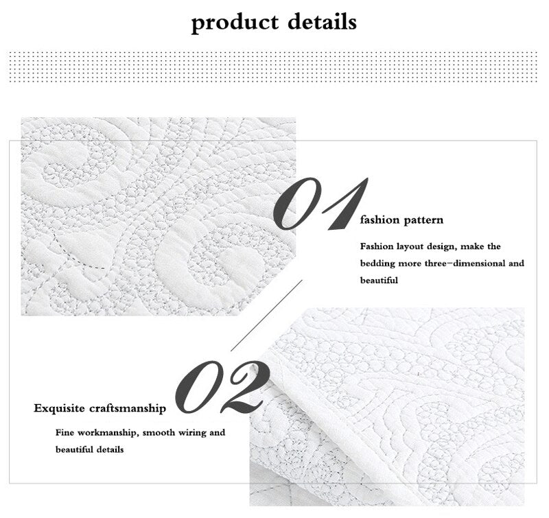 Double Cover Embroidered Pure White 3 Piece Quilted Quilt Pillowcase Free Shipping len?ol de cama casal