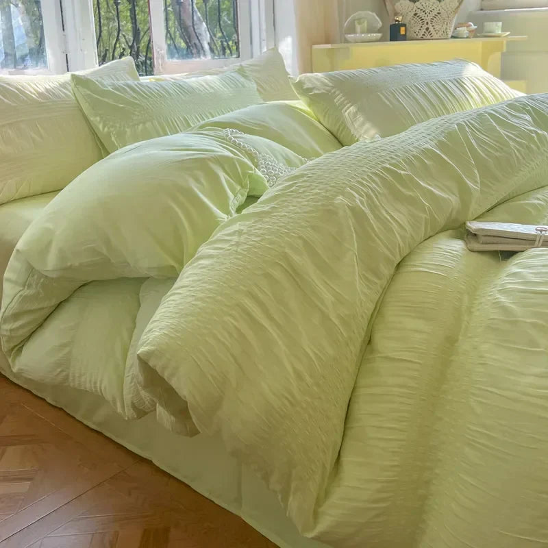 Korean Princess Seersucker Bedding Set Duvet Cover Flat Sheets Pillowcase Bed Sheet Set Soft Comforter Cover Bed Linens Set