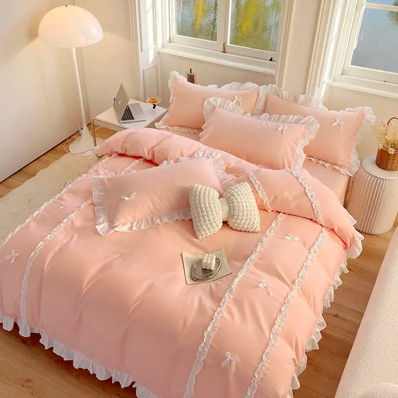 Princess Style Duvet Cover Set with Flat Sheet Pillowcases Korean Green Pink Girls Gift Spring Single Queen Size Bedding Kit