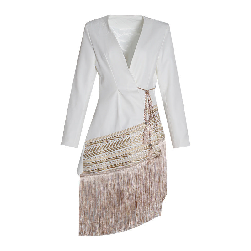 Boho Aztec Embroidery Tailored Contrast Tie Fringe Asymmetric Longline Blazer Dress With Tassels