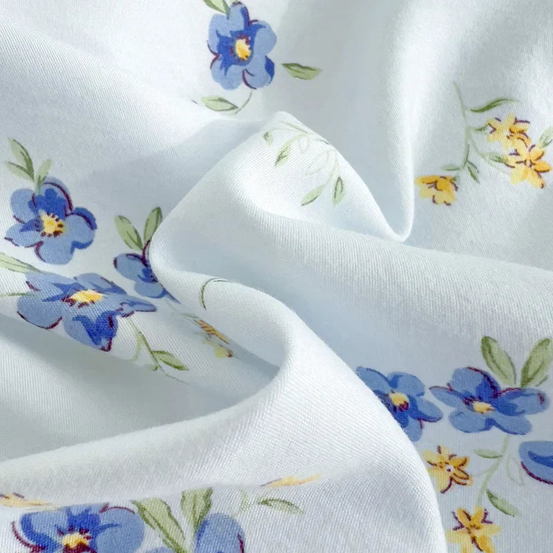 Ins Style Floral Duvet Cover Set Flat Sheet Pillowcases No Filling Queen 200x230cm Romantic Girls Blue Bedding Flower Bed Linens