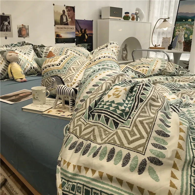  Simple Nordic Bed Four-Piece Set All Cotton Pure Cotton Quilt Cover Bohemian Style 1.5 M1.8 M Apartment Fitted Sheet