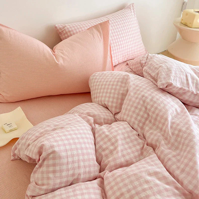 Japanese Simple Stripe Quilt Cover Washed Cotton Bed Sheet Pillowcase Twin Full Queen Bed Linen Adult Duvet Cover Set No Filler