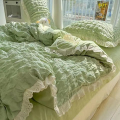 Korean Princess  Bedding Set Duvet Cover Ins Style Wash Cotton Solid Color Summer Soft Bed Sheet Set Comforter Set Quilt Cover