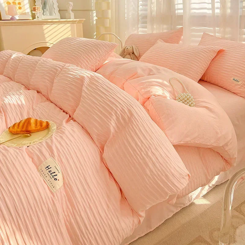 washed cotton four piece set of solid color double panel quilt cover, fitted sheet, student dormitory four piece set