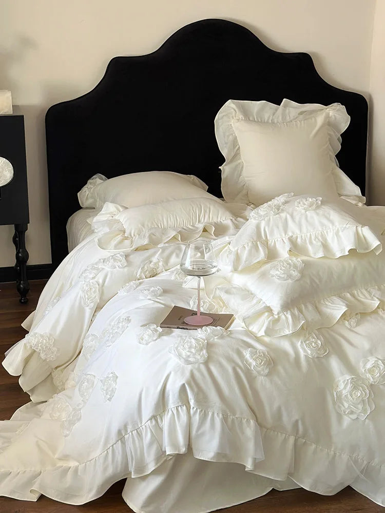 Princess Style 3D Flower Bedding Set 100 Thread Count Autumn and Winter Cotton Duvet Cover Solid White Quilt Covers with Ruffles