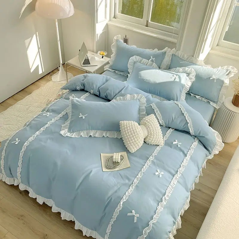 Princess Style Duvet Cover Set with Flat Sheet Pillowcases Korean Green Pink Girls Gift Spring Single Queen Size Bedding Kit