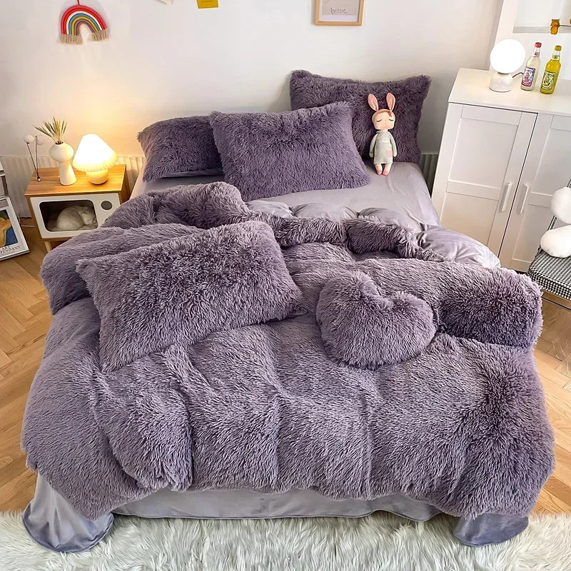 Plush Bedding Set Soft Fluffy Faux Fur Duvet Cover Sheet Pillowcase Fuzzy warm Bedlinens