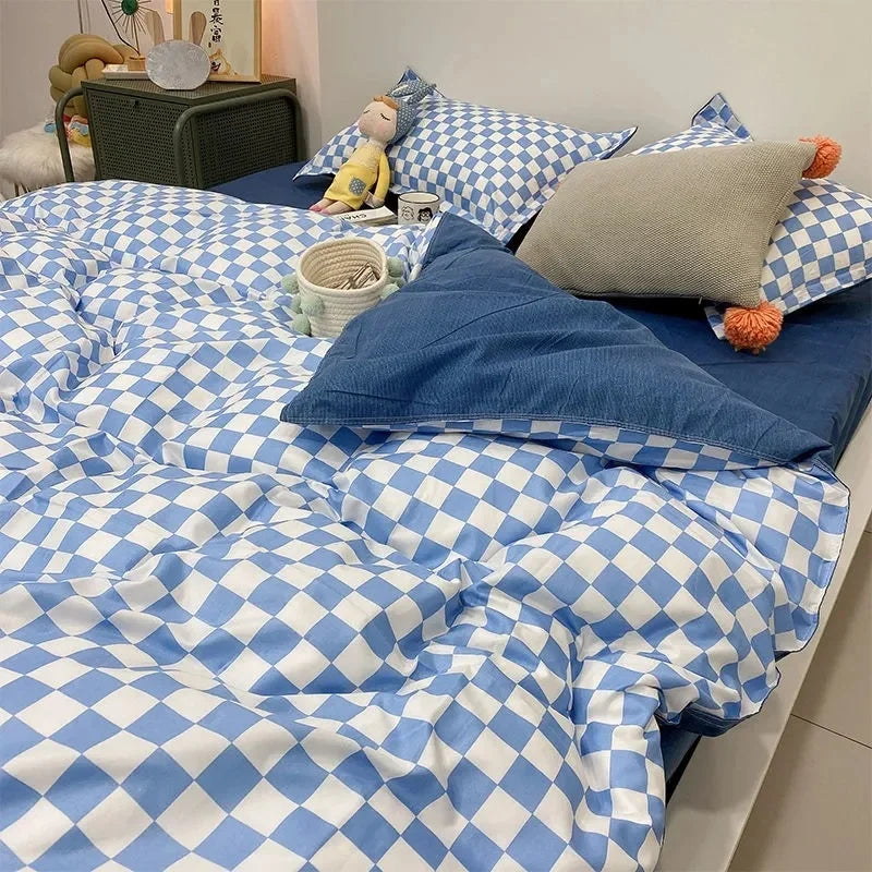 Nordic Pink Checkerboard Duvet Cover Sets With Pillowcases Flat Sheet Kids Girls Boys Full Queen Twin Size Kawaii Bedding Kit