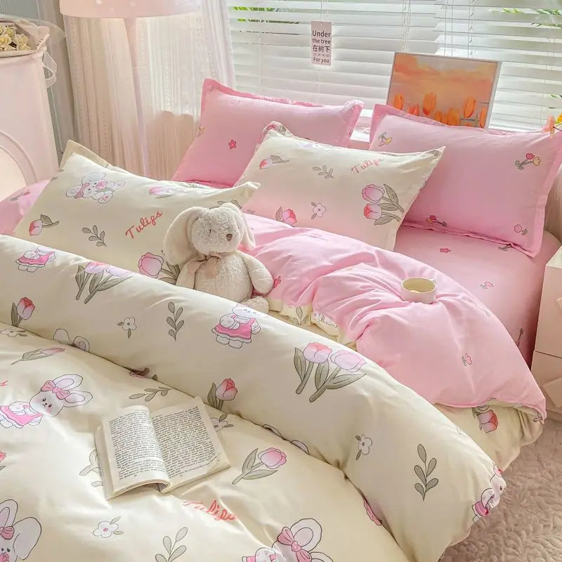 Ins Style Bedding Set No Filler Purple Tulip Fashion Duvet Cover Flat Sheet Pillowcase Girls Boys Single Double Size Bed Linen