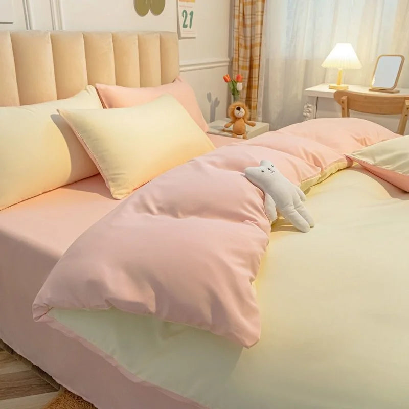 Nordic Princess Pink Bedding Set Girls Adults Twin Full Queen Size Bed Flat Sheet Duvet Cover Pillowcases Solid Color Bed Linen
