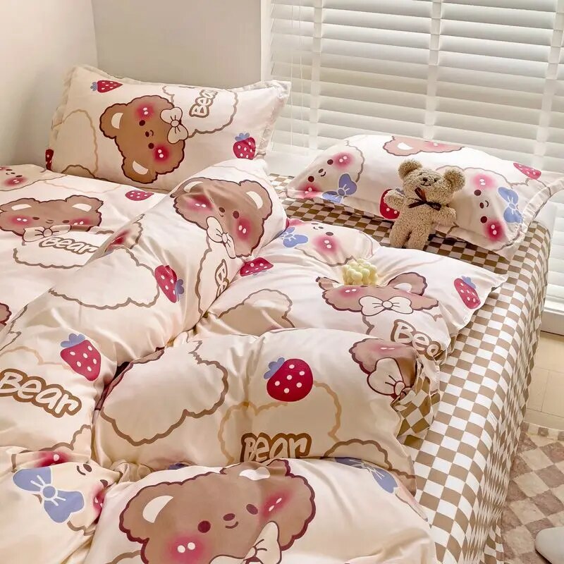 Kawaii Cherry Duvet Cover Set Pillowcase Flat Sheet Floral Boys Girls Twin Full Size Soft Bedding Kit Korean Ins Style Home Use