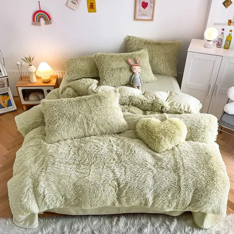 Plush Bedding Set Soft Fluffy Faux Fur Duvet Cover Sheet Pillowcase Fuzzy warm Bedlinens