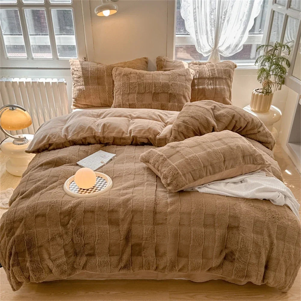 Rabbit Plush Bedding Sets Milk Velvet Warm Four Piece Set Thicken Quilt Cover Bed Linen Pillowcase King Bedroom Decor