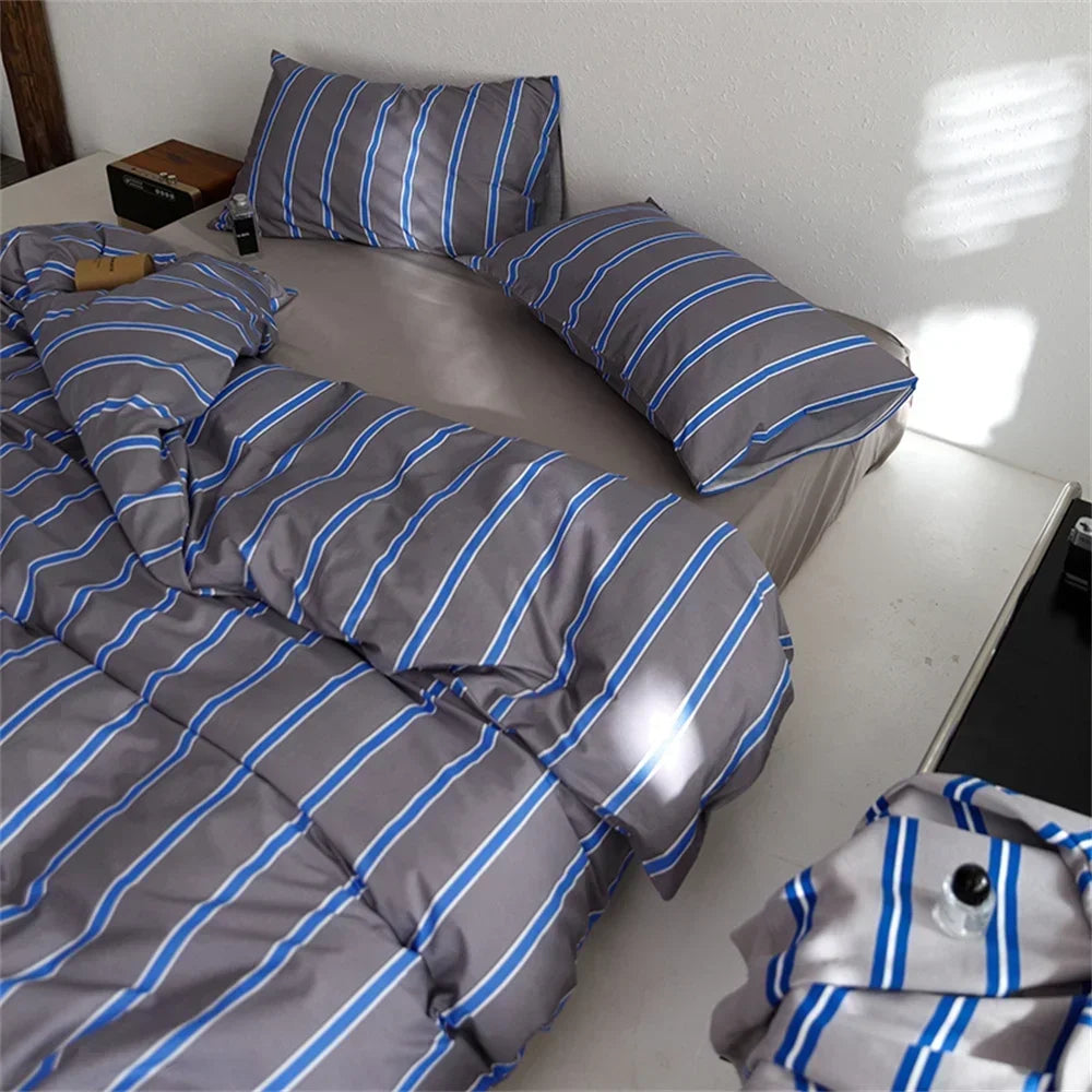 Nordic Grey Blue Stripes Duvet Cover Set Cotton Queen King Size Bedding Set Bedlinens Sheet Pillowcases