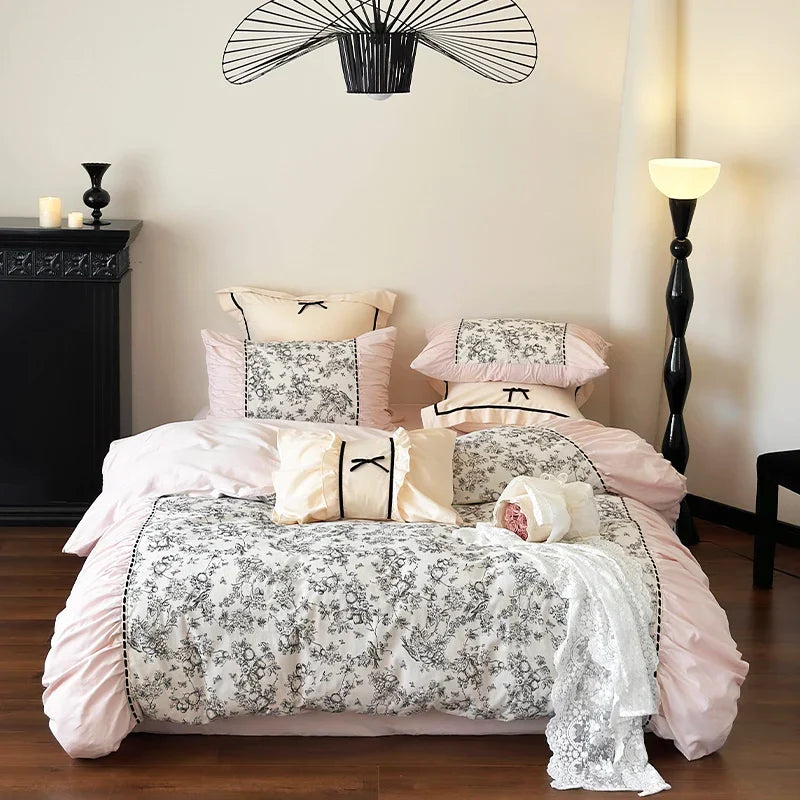 Winter 100% Cotton Korean Princess  Bedding Set Thickened Retro French Duvet Cover Sets Flower Bed Skirt  Skin-friendly Fabrics