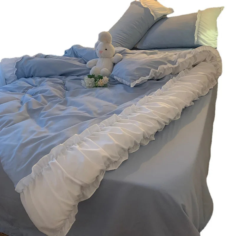 Ins Princess Wind Quilt Cover Four-piece Set Girly Heart Solid Color Bed Sheet Dormitory Bed Three-piece Set Linen Sheets Sets