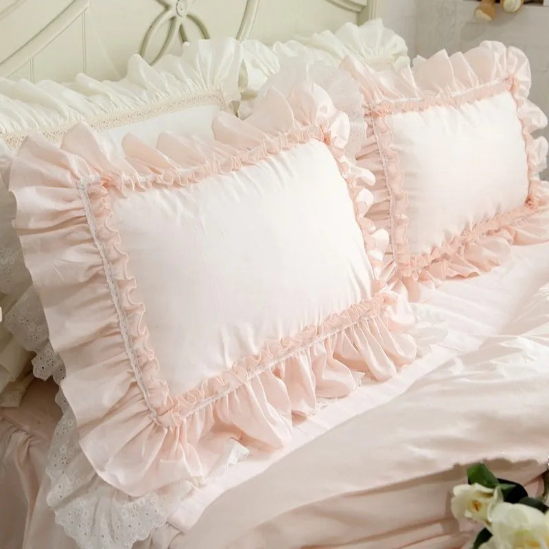 Super Sweet Solid Color Bedding Sets Luxury Princess Wedding Pink Lace Ruffle Cotton Duvet Cover Bedspread Bed Skirt Pillowcases