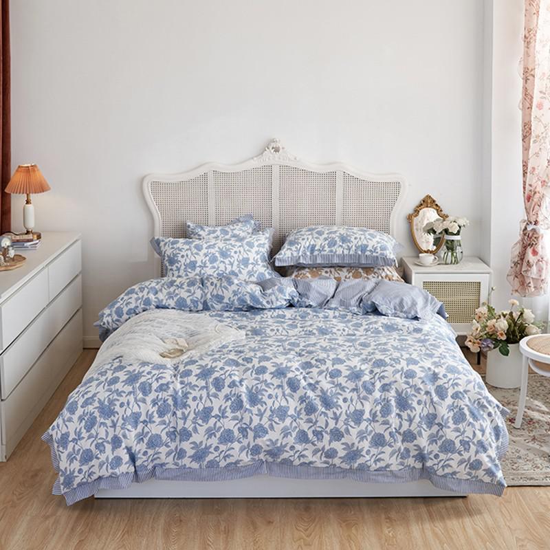 Floral Blossom Print Duvet Cover Blue White Botanical 100%Cotton Comfy 4Pcs Double Queen King Bedding Set Bed sheet Pillowcases