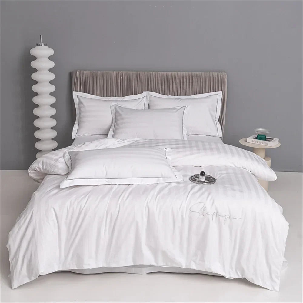 Nordic Sliver Grey Stripes 100% Egyptian Cotton Jacquard Bedlinens Queen King Size Set Fitted Sheet Duvet Cover Bedding