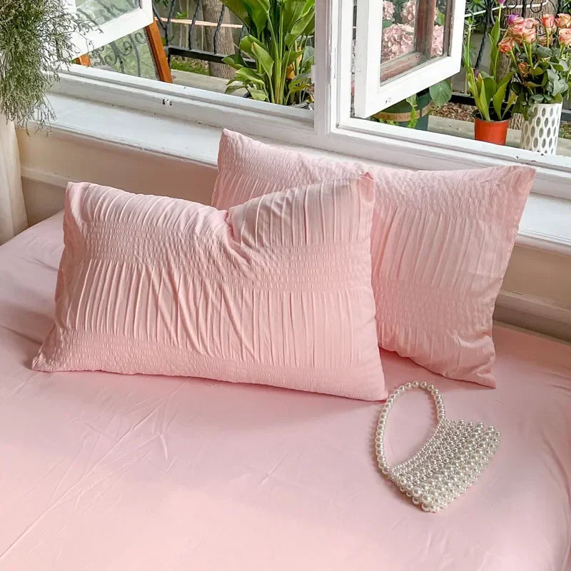 Korean Princess Seersucker Bedding Set Duvet Cover Flat Sheets Pillowcase Bed Sheet Set Soft Comforter Cover Bed Linens Set
