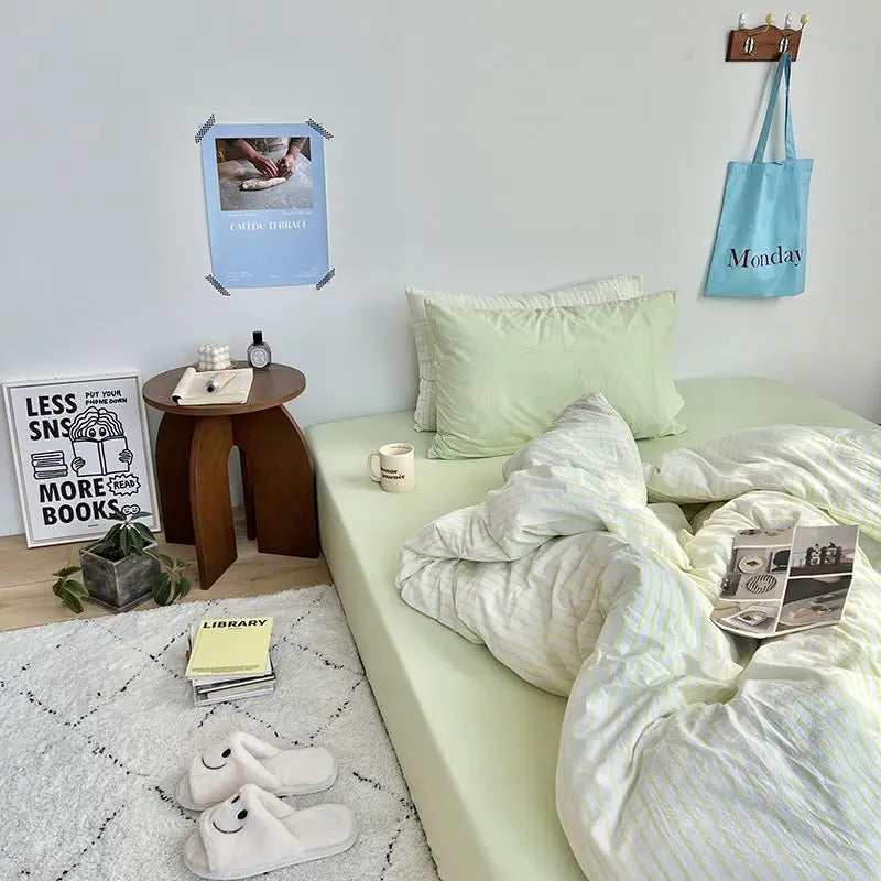 Ins Style Bedding Set Duvet Cover  Wash Cotton Stripe Summer Soft Cool Summer Bed Sheet Set Comforter Set Quilt Cover