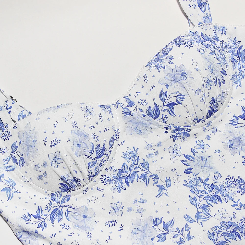 Blue Floral Layered Midi A-Line Dress