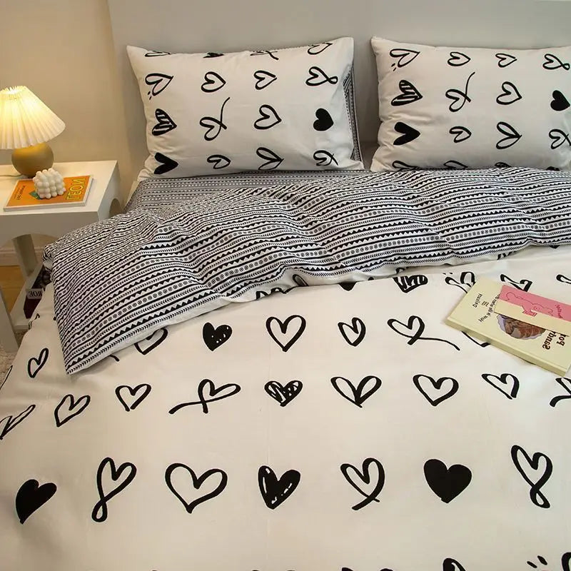 New Fashion Bedding Set Ins Floral Single Double Size Duvet Cover Flat Sheet Pillowcase Grid Solid Color Home Girls Bed Linens