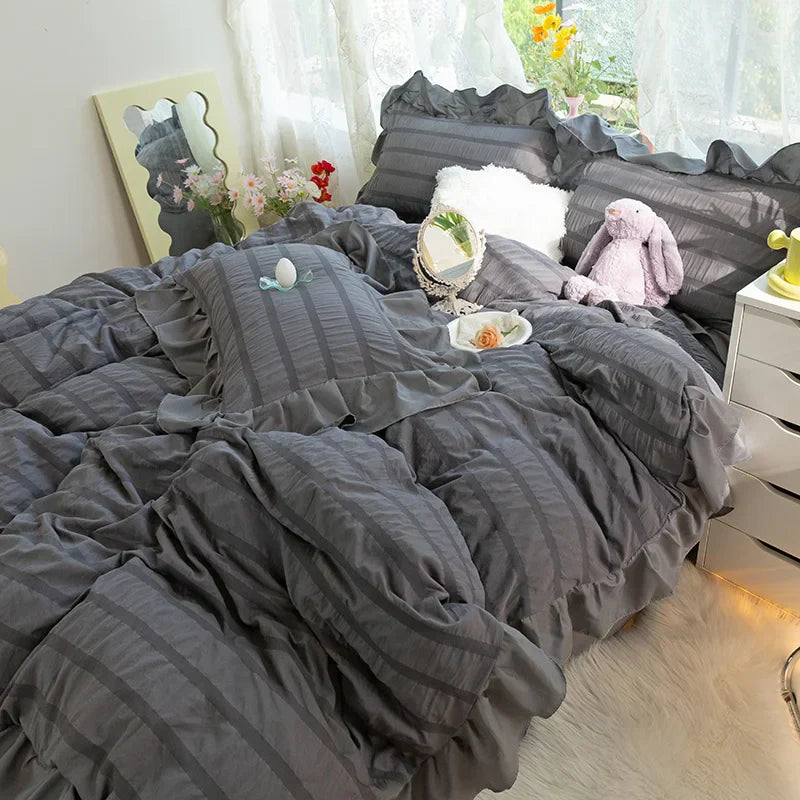 Purple Princess Bedding Set Duvet Cover Pillowcase Linens Twin Queen King Bed Sheet Set Luxury Solid Color Woman Girl Kawaii Set