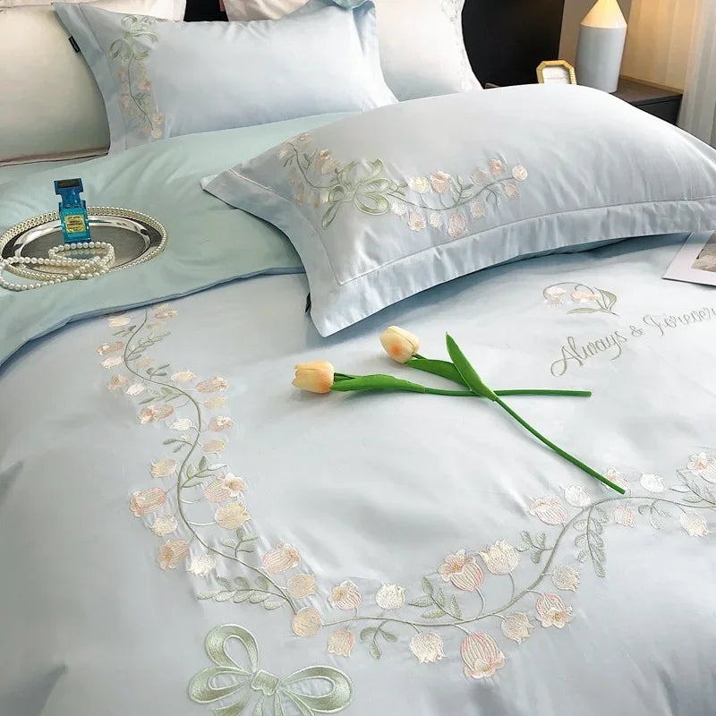 New High-End Simple and Light Luxury Skin-Friendly Cotton Four-Piece Set Simple Embroidery Bedding Lily