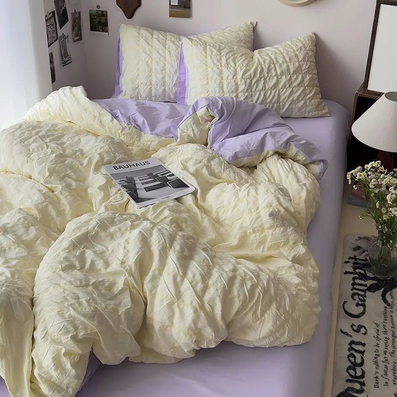 Seersucker Princess Girls Bedding Set Duvet Cover Korean Four PIECE  Washed Cotton Bed Sheet  Cover Quilt Set