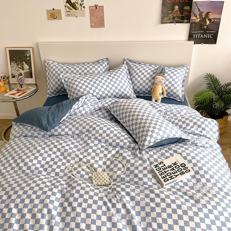 King Size Bedding Set with Quilt Cover Flat Sheet Pillowcase Kids Girls Boys Checkerboard Pinted Single Double Bed Linen