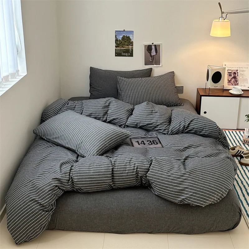 Cotton Japanese Duvet Cover Fitted Flat Sheet Pillowcase Set No Filling Single Double King Size Ins Style Bedding Kit