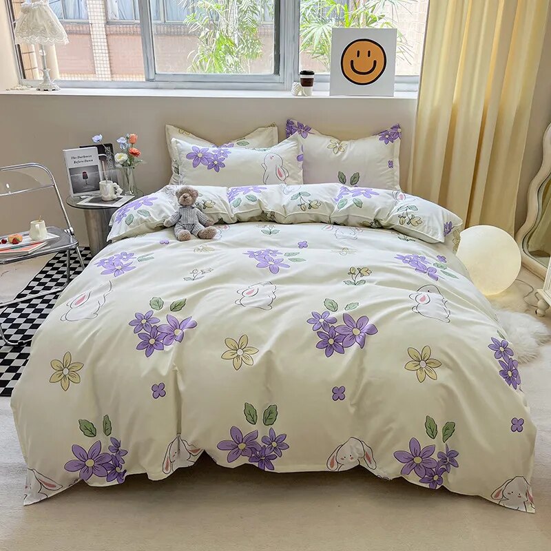  Floral Printed Duvet Cover Set with Sheet Pillowcases Warm Cute Cartoon Bed Linen Full Queen Size Home Gift Bedding Set