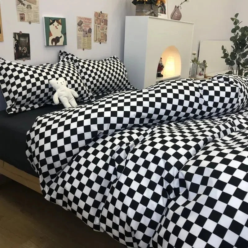 Nordic Pink Checkerboard Duvet Cover Sets With Pillowcases Flat Sheet Kids Girls Boys Full Queen Twin Size Kawaii Bedding Kit