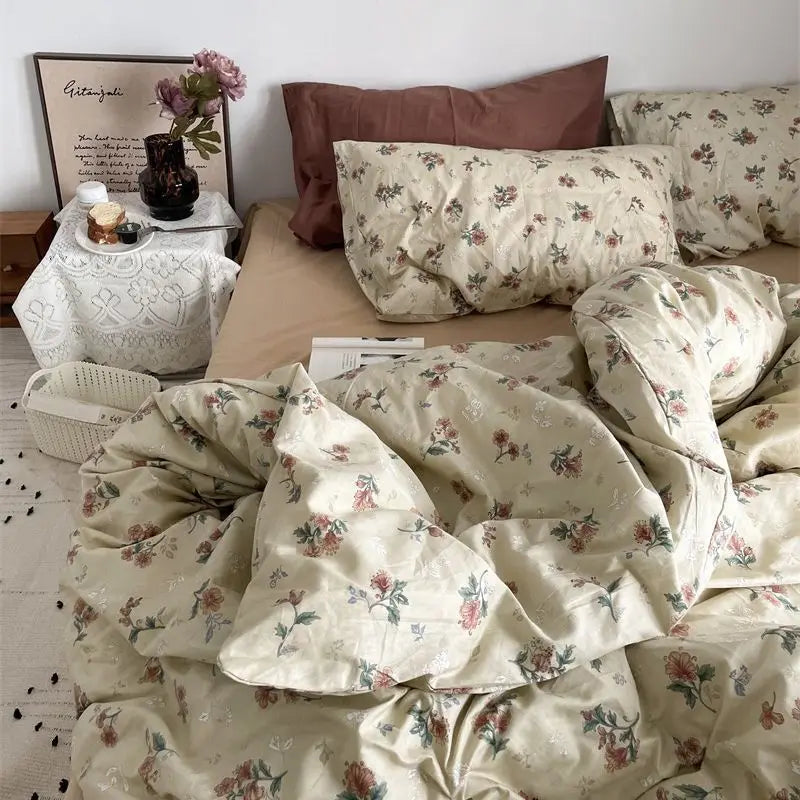New Fashion Bedding Set Ins Floral Single Double Size Duvet Cover Flat Sheet Pillowcase Grid Solid Color Home Girls Bed Linens